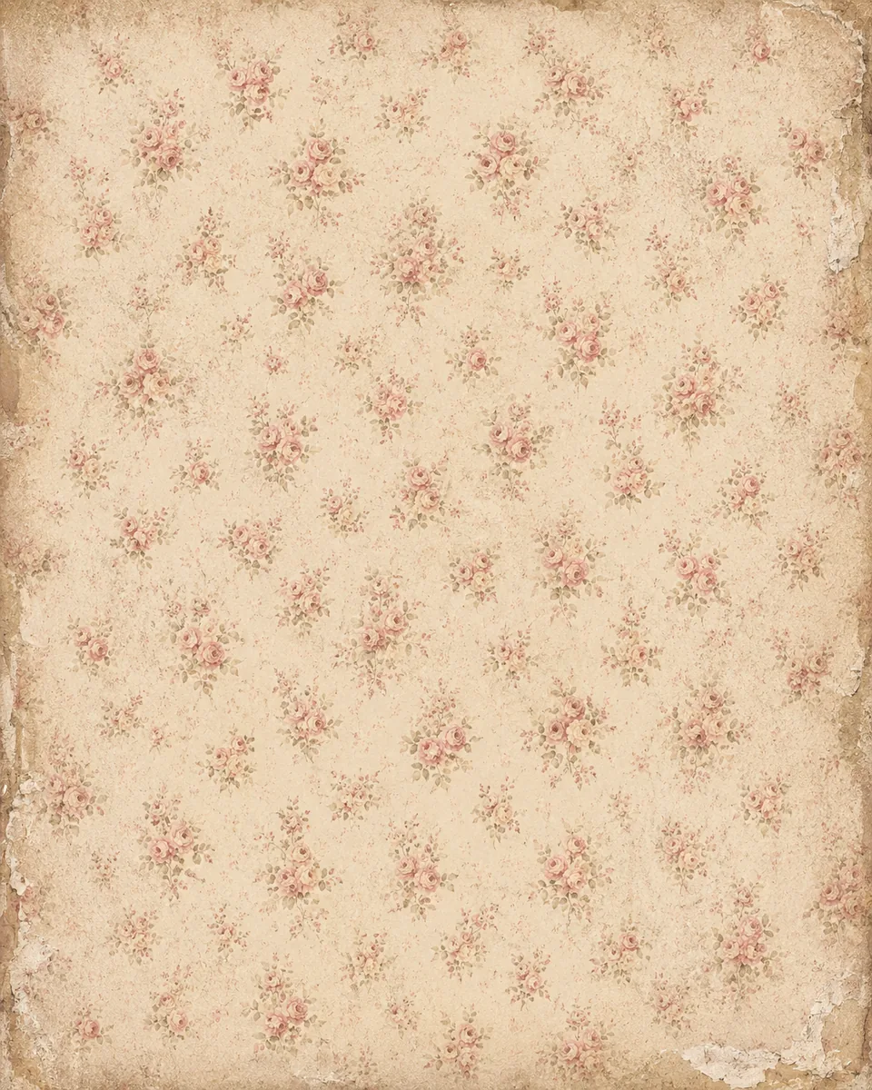 Faded pink cottage rose bouquets on distressed cream wallpaper